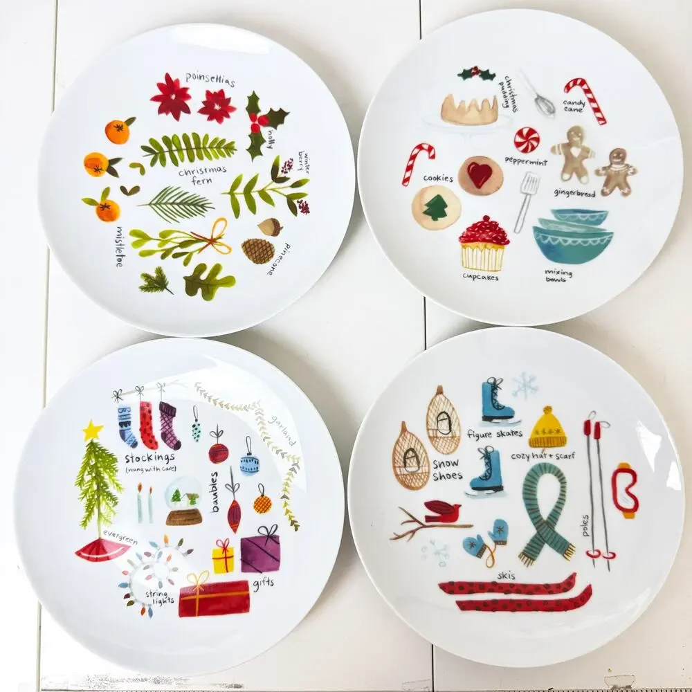Crate & Barrel Set of 4 Winter Collage Prints Plates 8.5”